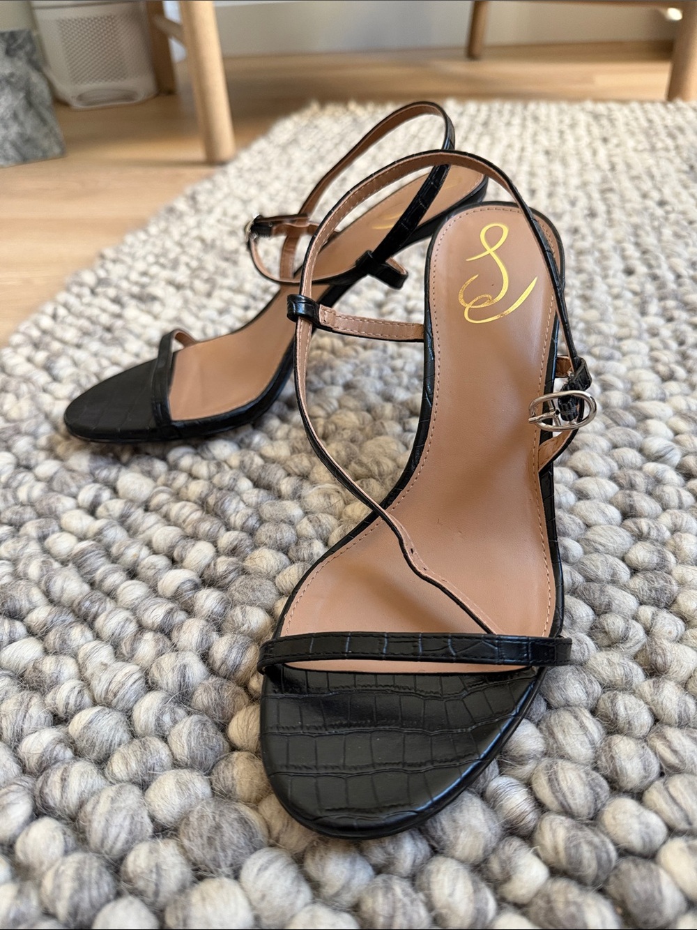 Slingback Strappy Black Croc-Embossed Sandals